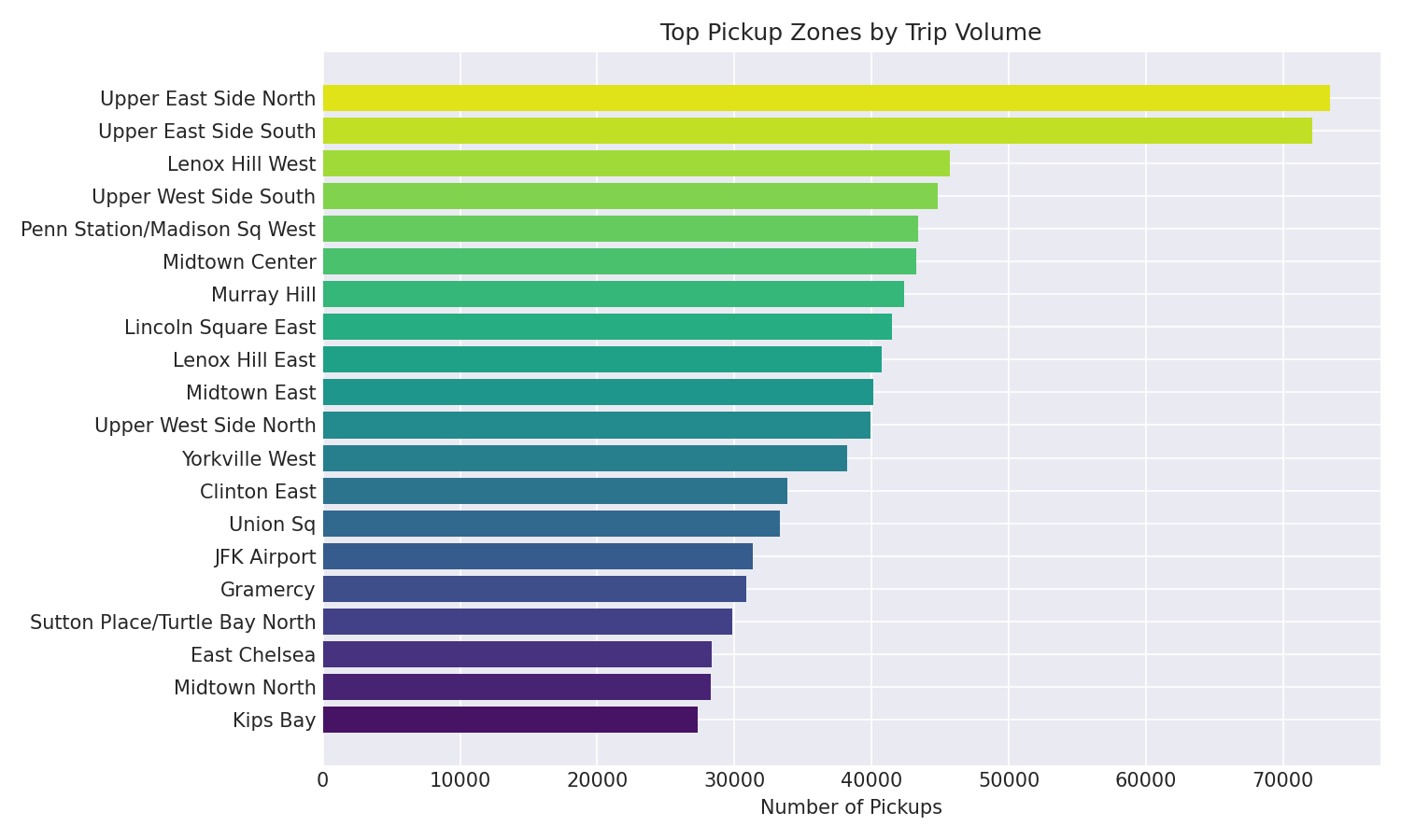 Horizontal bar chart ranking the top 20 NYC taxi pickup zones by trip count